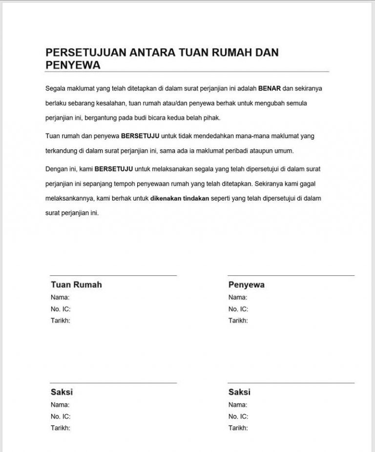 Contoh Surat Perjanjian Bahasa Melayu