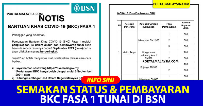 Semakan Status & Pembayaran BKC Fasa 1 Tunai Di BSN