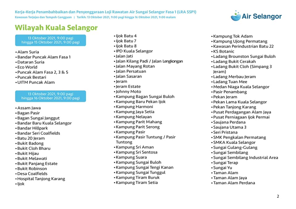 Gangguan bekalan air bermula 13 Oktober, Lihat senarai kawasan Selangor, Kuala Lumpur. 3