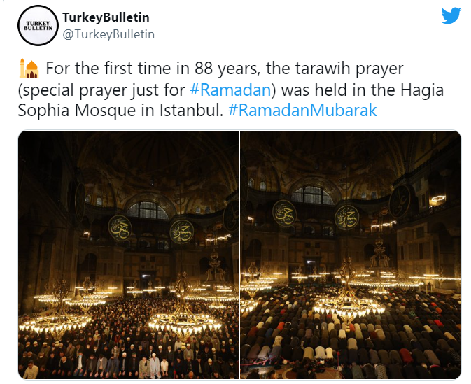 Masjid Hagia Sophia Adakan Solat Tarawih Pertama Selepas 88 Tahun 2